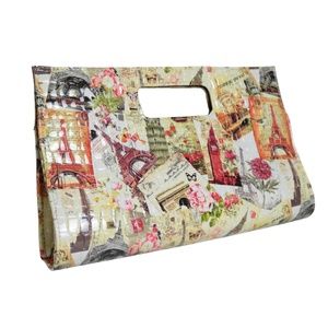 Ladies Multicolor Paris Fashion Collage Rectangle Clutch Purse Handbag